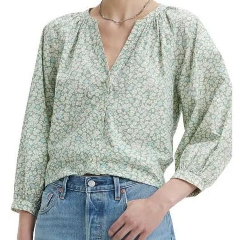 Levi’s WOMEN'S LAINEY Green Floral PRINTED COTTON BUTTON-FRONT TOP Sz Large